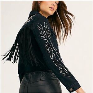 Levi's Black Cropped Denim Jacket with Studded Sleeves and Back Fringe